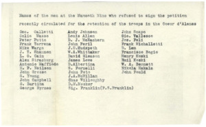 Operative lists 41 men who have refused to sign a petition to retain the troops in the Coeur d'Alene region.