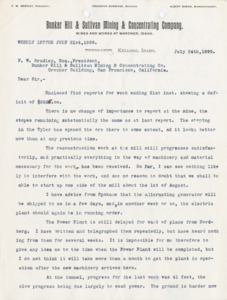 Weekly Letter:  reports recapping the weekly progress at the mine and mill; 2 pages.