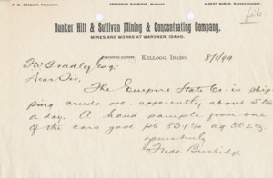 Burbideg informs Bradley on shipping of crude ore.