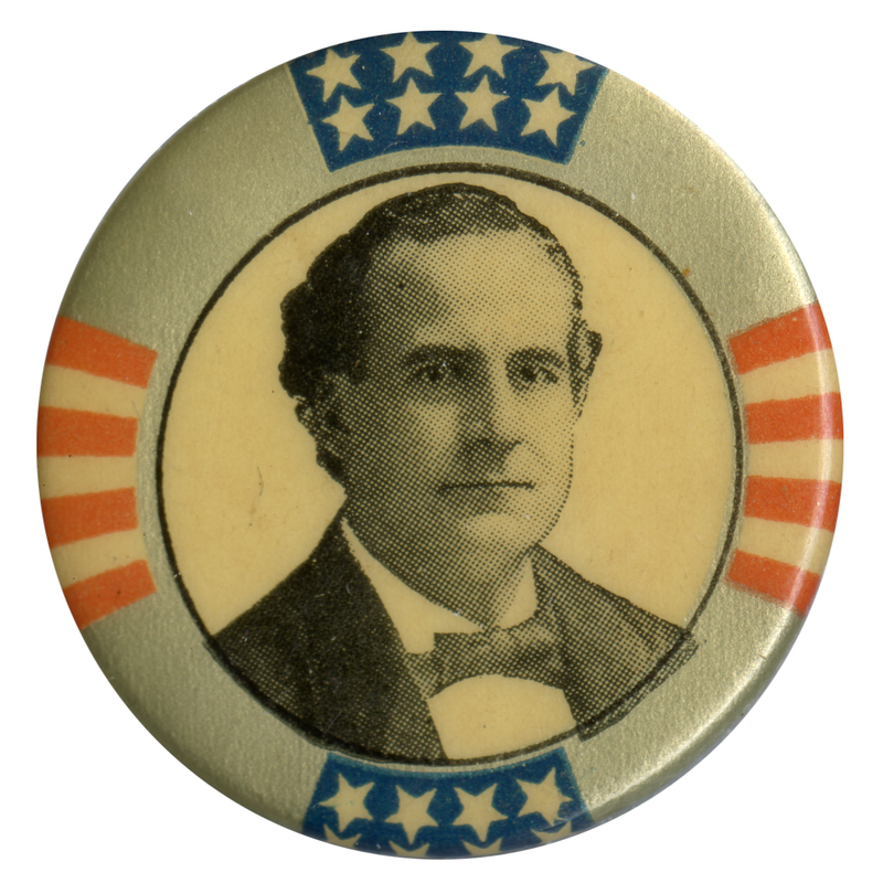 Round button with a portrait of William Jennings Bryan, bordered by the US stars and stripes.