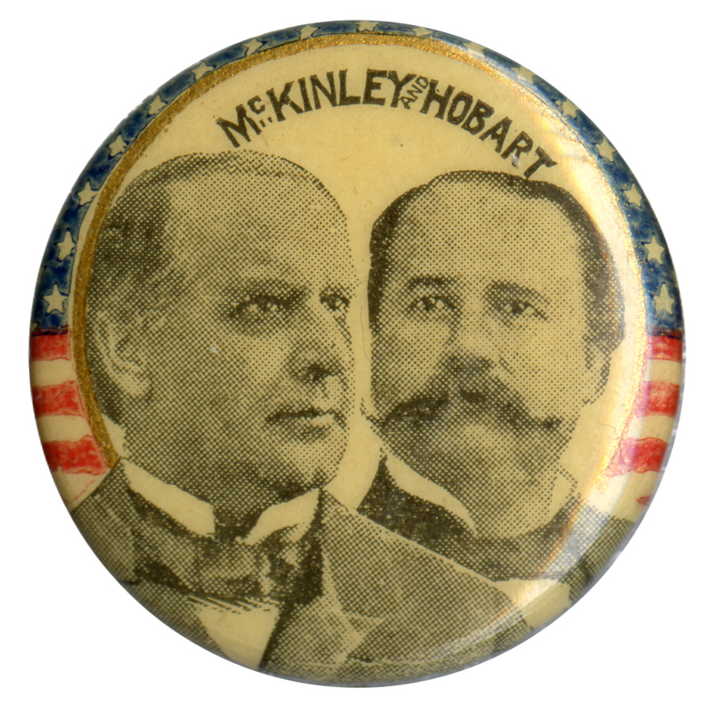 Round button with portraits of William McKinley and Garrett Hobart, bordered by the US stars and stripes.
