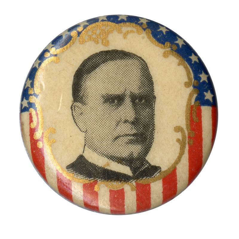Round button with a portrait of William McKinley, bordered by the US stars and stripes.