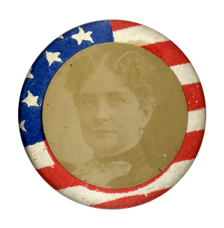 Round button with a faded portrait of Ida McKinley, bordered by the US stars and stripes.