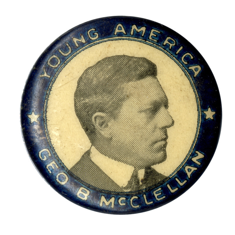 Round, white button with a blue border and portrait of George B. McClellan, Jr., and the text: "Young America Geo. B. McClellan".