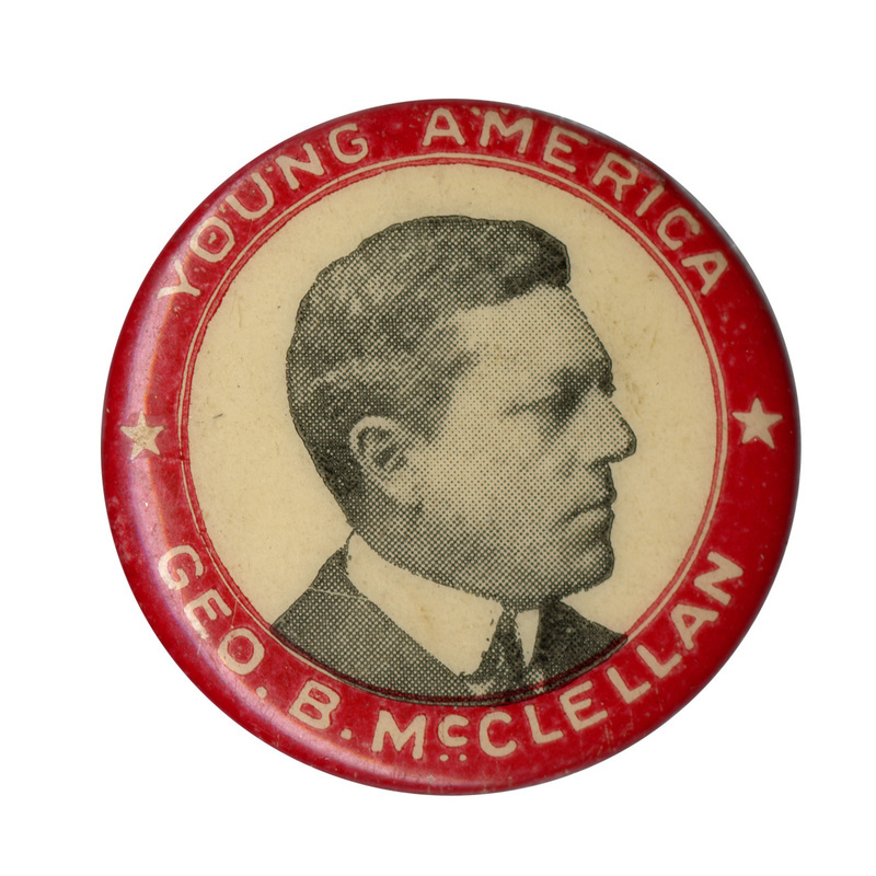 Round, white button with a red border, and portrait of George B. McClellan, Jr., and the text: "Young America Geo. B. McClellan".