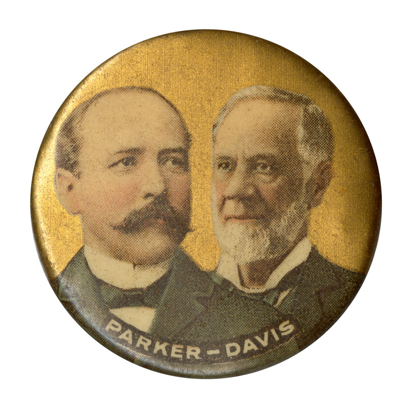 Round, gold button with portraits of Alton B. Parker and Henry Davis, and text reading "Parker - Davis". 