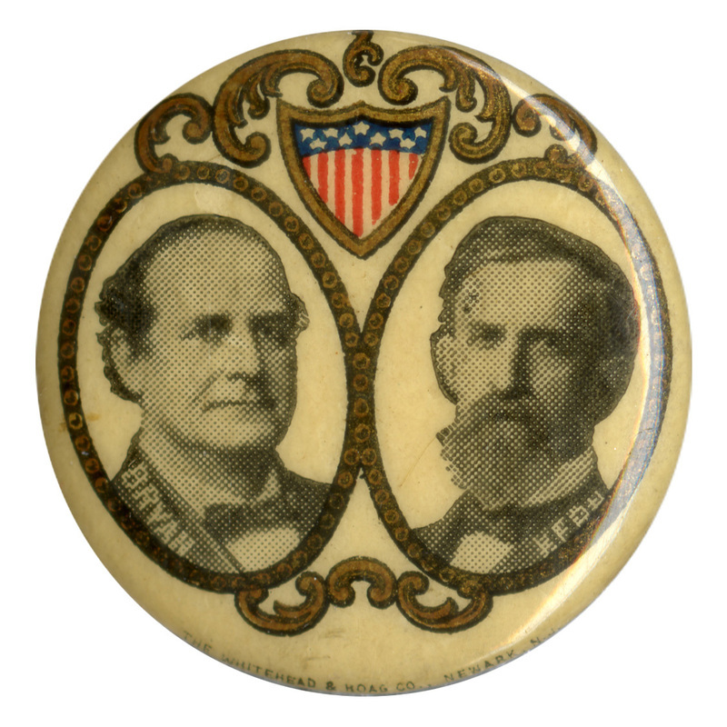 Round, white button with gold embellishments around two portraits of William Jennings Bryan and John Kern, with a US flag emblem at the top. 