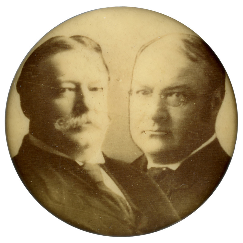 Round button with black and white portraits of William Howard Taft and James S. Sherman.