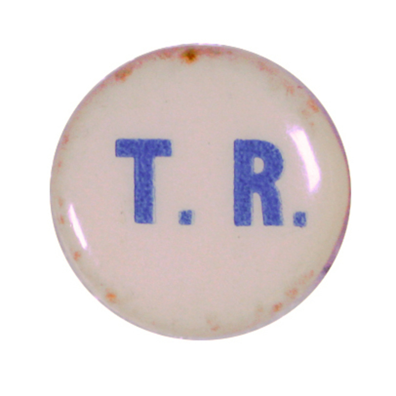 Round, white button with blue text that reads: "T.R."