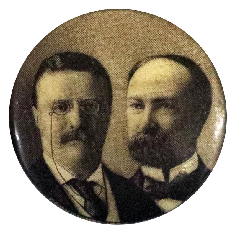 Round, gray button with black and white portraits of Theodore Roosevelt and Charles W. Fairbanks.