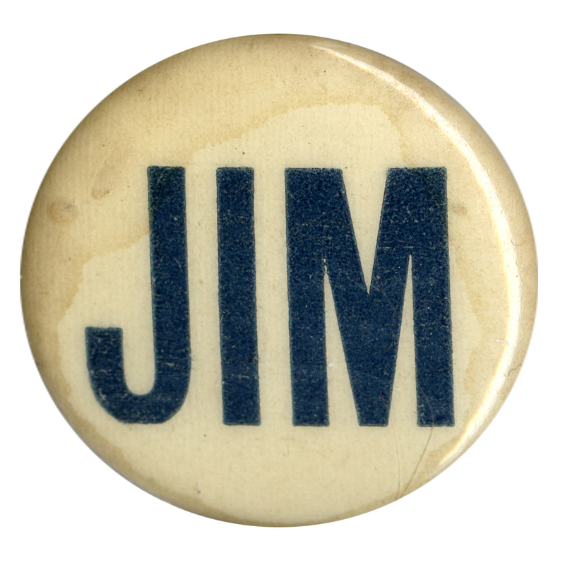 Round, white button with bold blue text reading "Jim".
