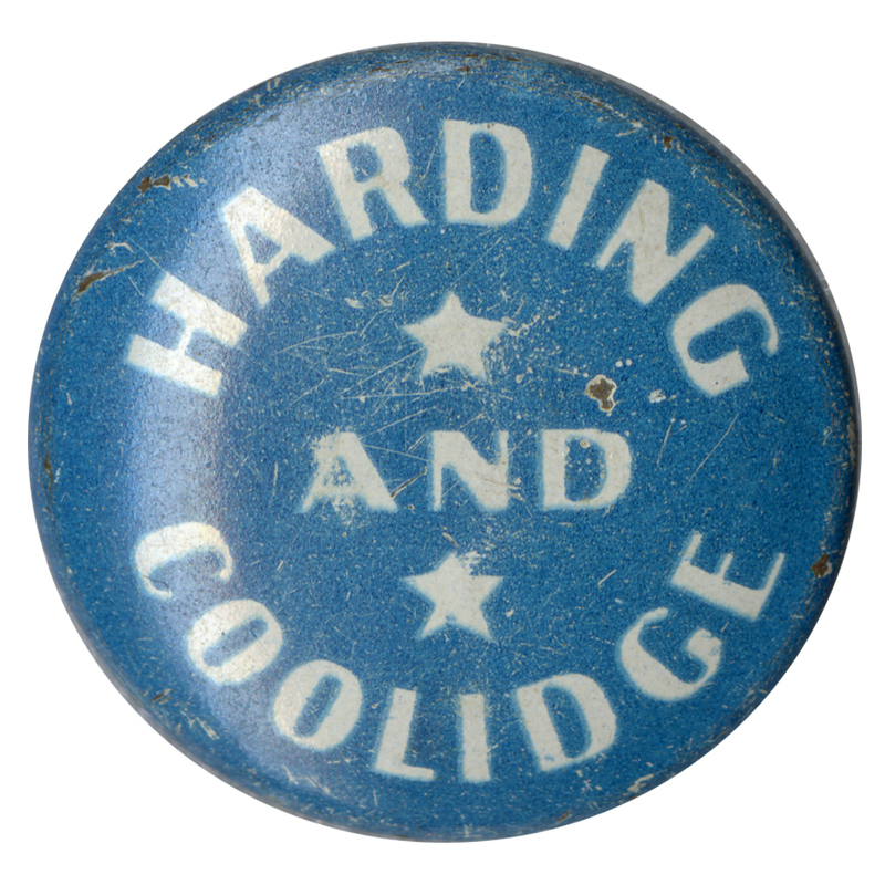 Round, light blue button with white text reading "Harding and Coolidge". Two white stars at the center. 