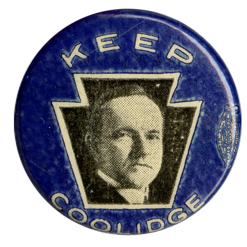 Round, blue button with a black and white portrait of Calvin Coolidge within a white, geometric shape. White text reads "Keep Coolidge".