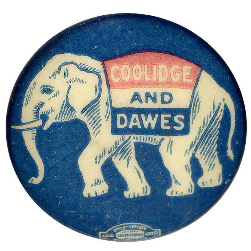 Round, blue button with a white elephant at the center, wearing a red, white, and blue striped banner reading "Coolidge and Dawes".