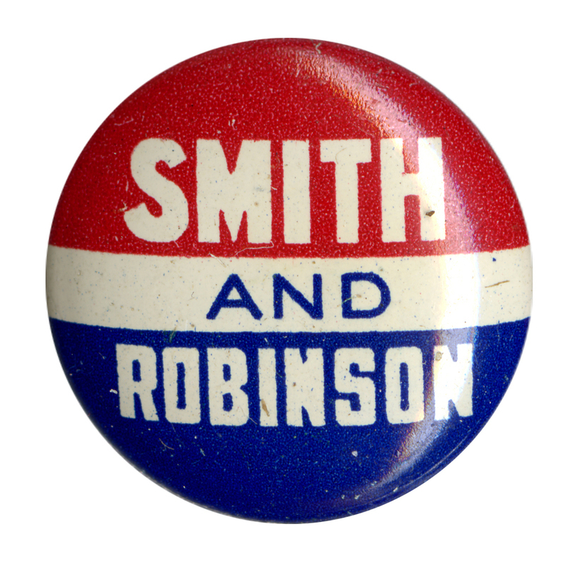 Round button with three red, white, and blue horizontal stripes, and bolded font reading "Smith and Robinson". 