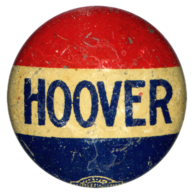 Round button with three red, white, and blue horizontal stripes, and bolded font reading "Hoover" along the white stripe. 