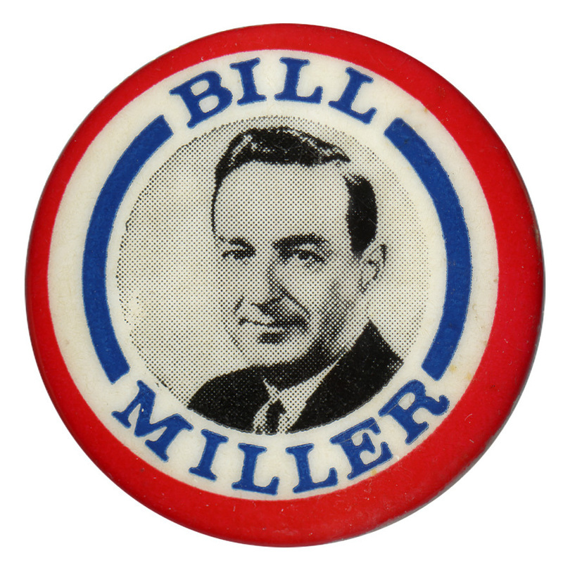 Round button with red and blue stripes and a black and white portrait of William Miller. Text reads "Bill Miller."