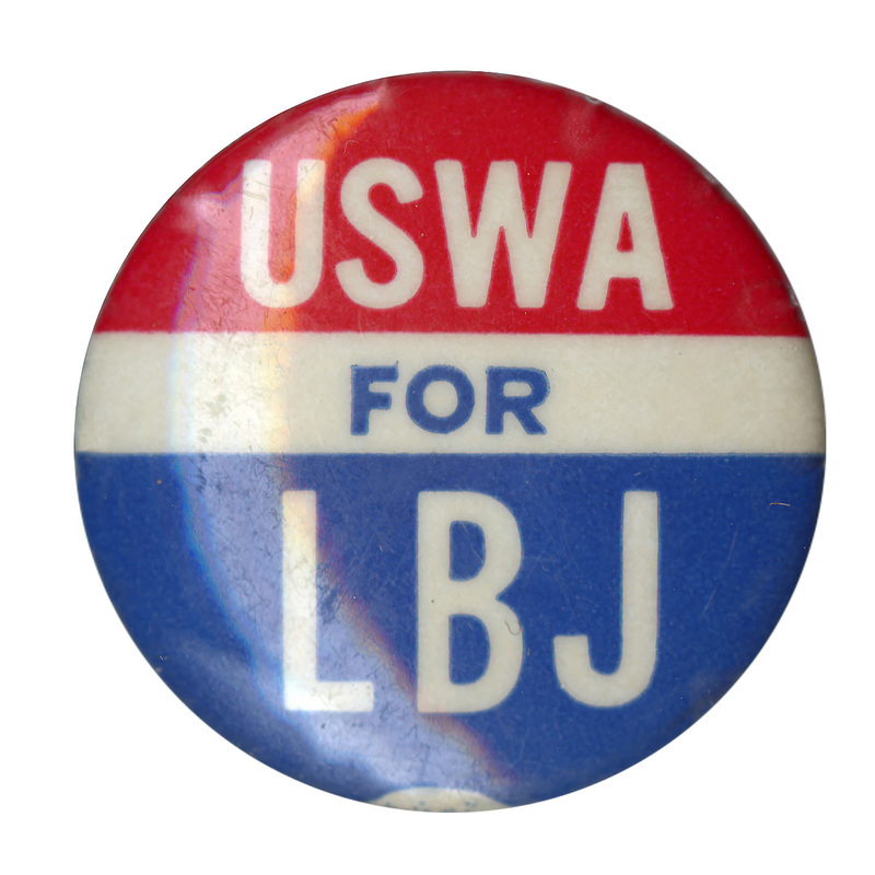 Round button with red, white, and blue bands and the text "USWA for LBJ."