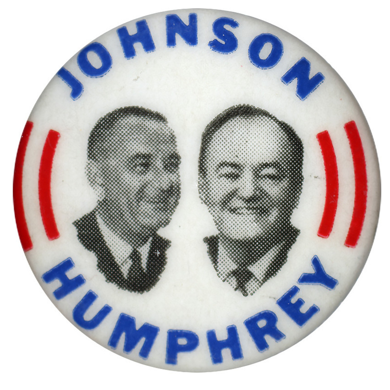 Round, white button with red stripes and portraits of Lyndon B. Johnson and Hubert Humphrey. Text reads "Johnson Humphrey."