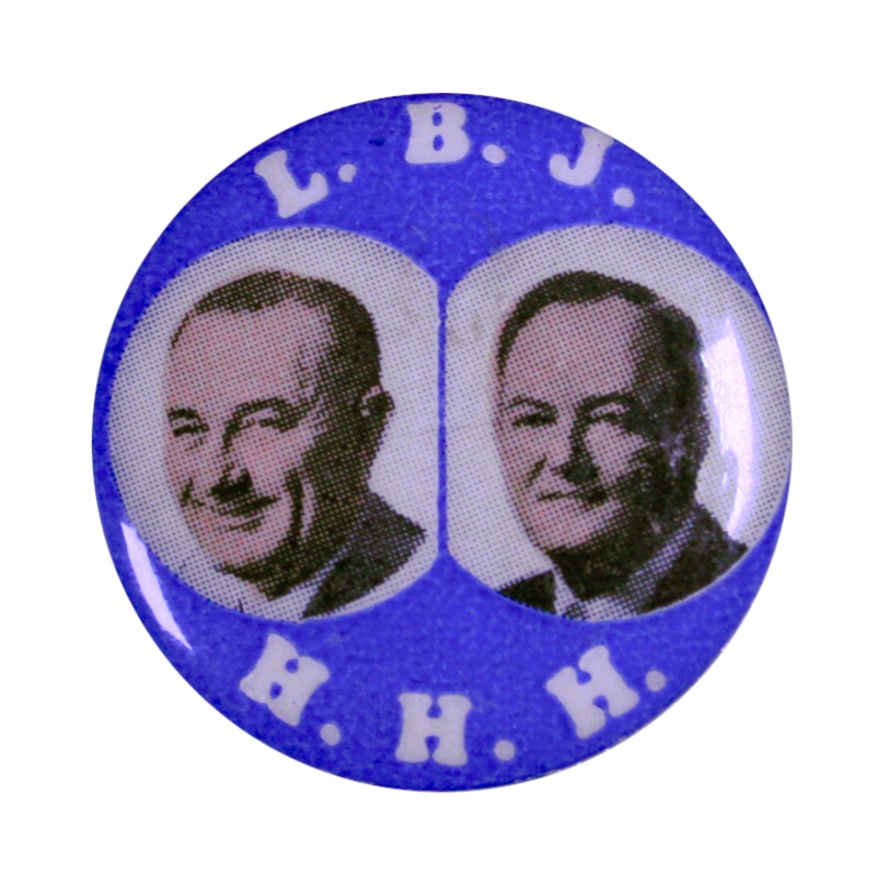 Round, blue button with portraits of Lyndon B. Johnson and Hubert Humphrey and white text reading "L. B. J., H. H. H."