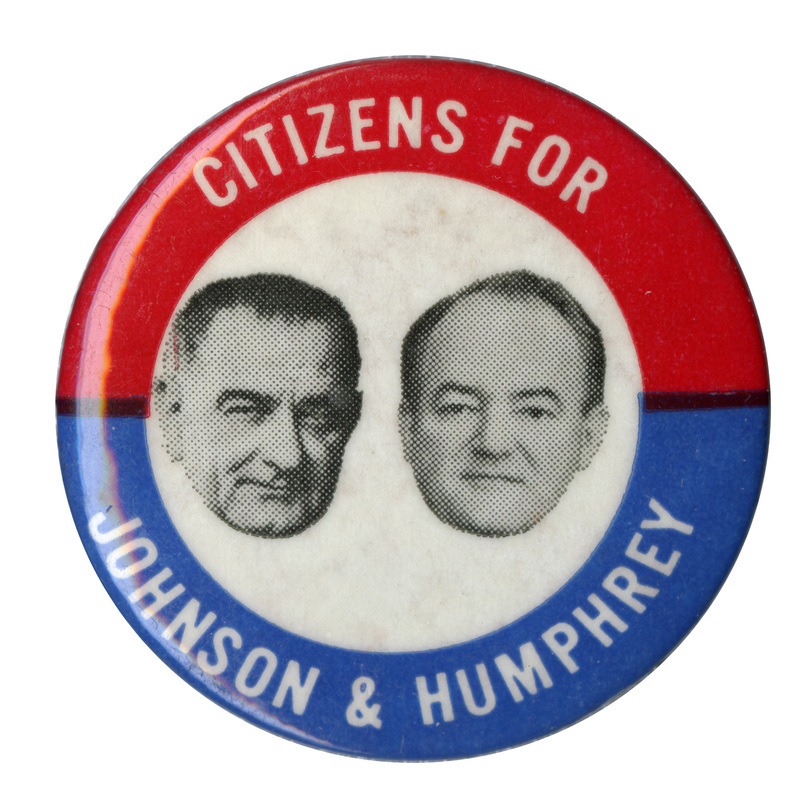 Round, red, white, and blue button with portraits of Lyndon B. Johnson and Hubert Humphrey. Text reads "Citizens for Johnson & Humphrey."