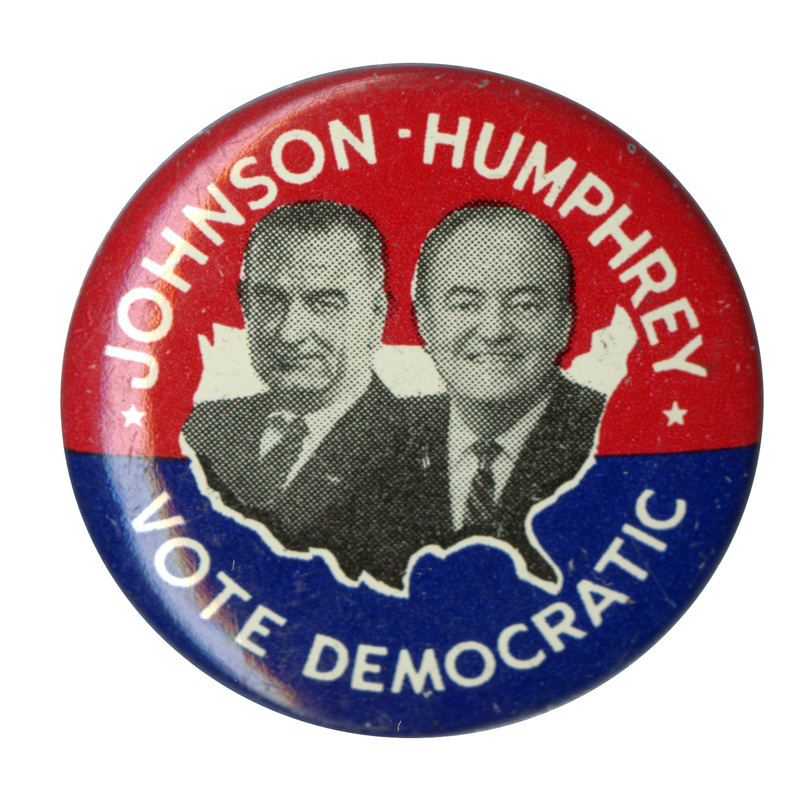 Round, red and blue button with portraits of Lyndon B. Johnson and Hubert Humphrey against an outline of the United States. White text reads "Johnson-Humphrey Vote Democratic"