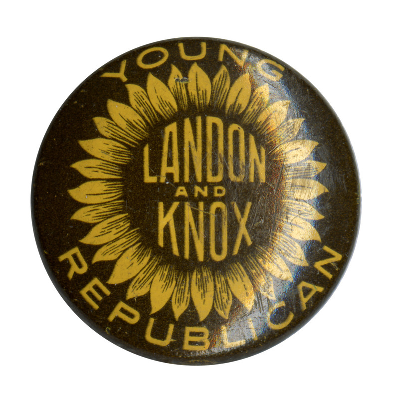 Round, brown button featuring a yellow sunflower with yellow text reading "Landon and Knox" in the center. Yellow text reading "Young Republican" encircle the flower.