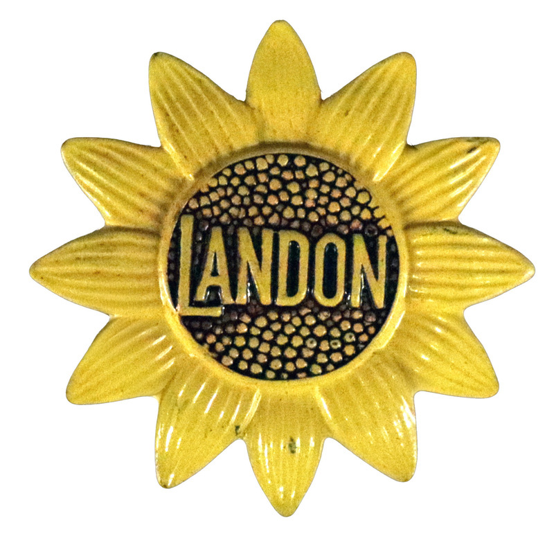 Yellow sunflower-shaped button with the word "Landon" in the center, surrounded by textured seeds. 
