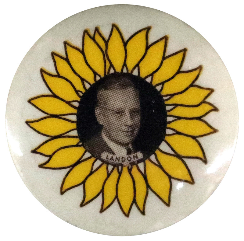 Round, white button with a yellow sunflower, and a sepia-toned portrait of Alfred Landon. Brown text reading "Landon" sits below the portrait. 