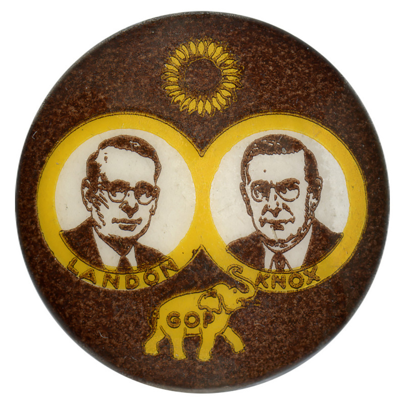 Round, brown button with a small sunflower at the top of the button, and yellow elephant at the bottom of the button. Two grayscale portraits of Alfred Landon and Frank Knox are encircled with a yellow border, and have text reading "Landon" and "Knox" below their corresponding portraits. 