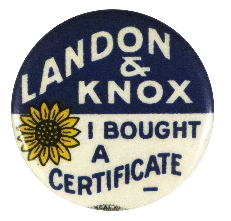 Round button, bisected with blue and white background. White text reading "Landon & Knox" are in the blue background, and blue text reading "I bought a certificate", with a yellow sunflower in the white background. 