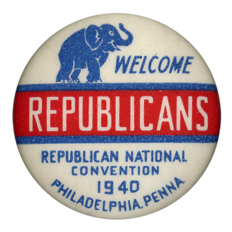 Round, white button with a blue elephant at the top. Blue text reads "Welcome Republicans Republican National Convention 1940 Philadelphia. Penna". A red stripe bisects the button. 