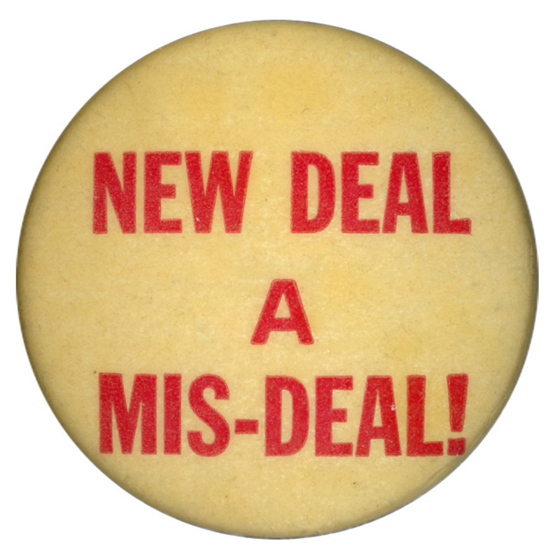 Round, white button with red text reading "New Deal a Mis-Deal!".