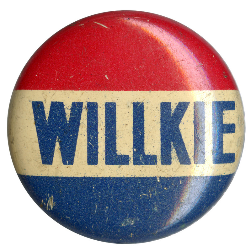 Round button with three stripes of red, white, and blue. Blue text reads "Willkie" across the center white stripe. 