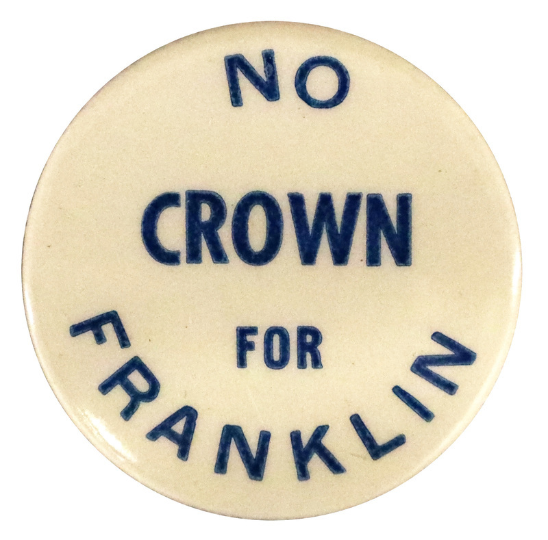 Round, white button with light blue text reading "No Crown for Franklin".