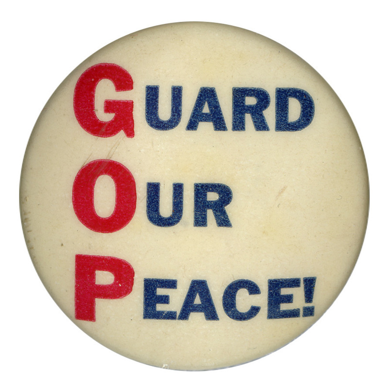 Round, white button with "Guard Our Peace!" written. The first letter of each word is highlighted in read to read "GOP."