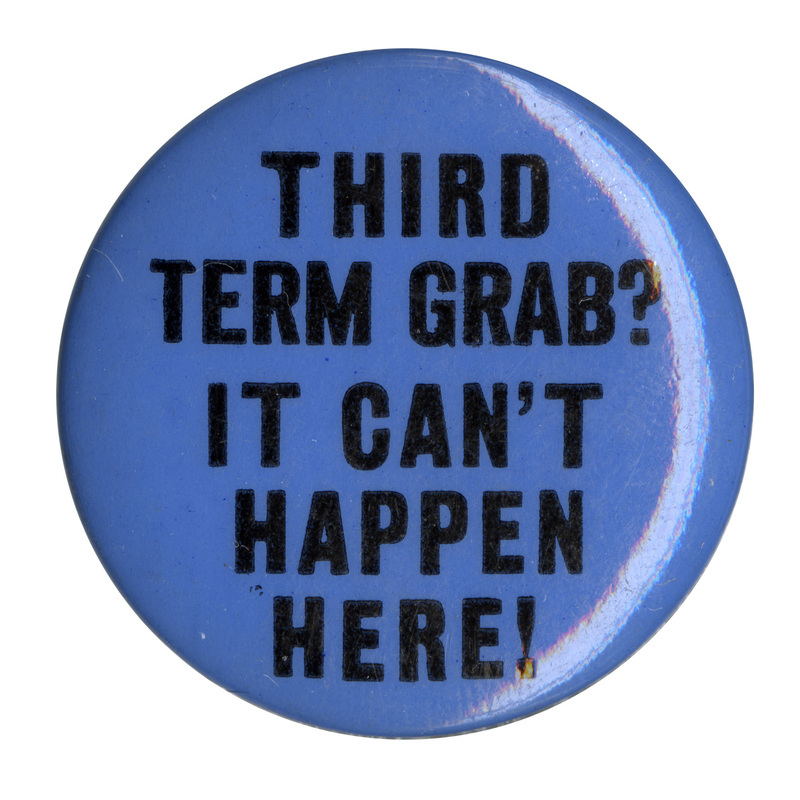 Round, light blue button with black text reading "Third term grab? It can't happen here!"