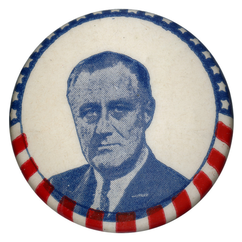 Round, white button with a grayscale portrait of Franklin Roosevelt. A US flag decorative element borders the button.