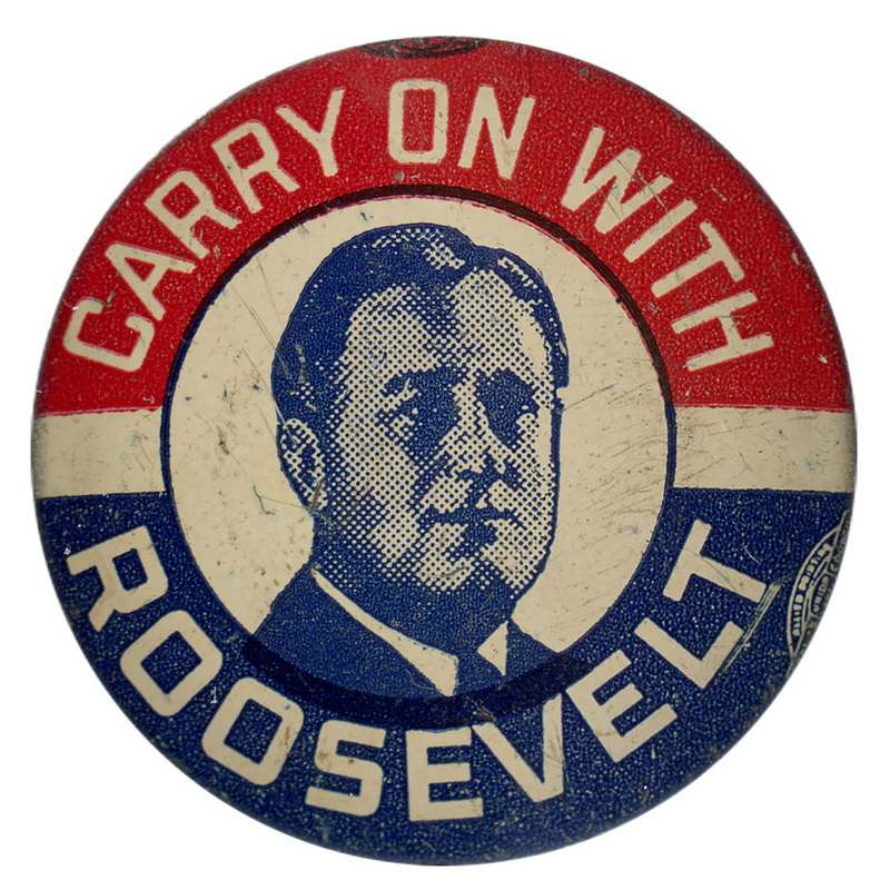 Round button with three red, white, and blue horizontal stripes, and a grayscale portrait of Franklin Roosevelt. White text reads "Carry on with Roosevelt". 