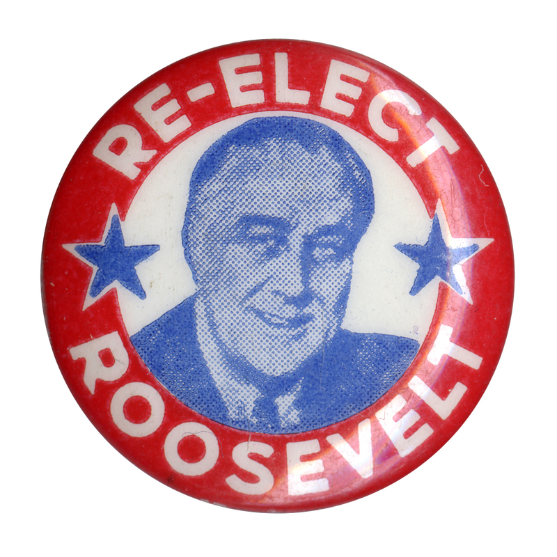 Round, white button with a red border, and a portrait of Franklin D. Roosevelt. Bold white text reads "Re-elect Roosevelt". Two blue stars are on either side of the portrait. 