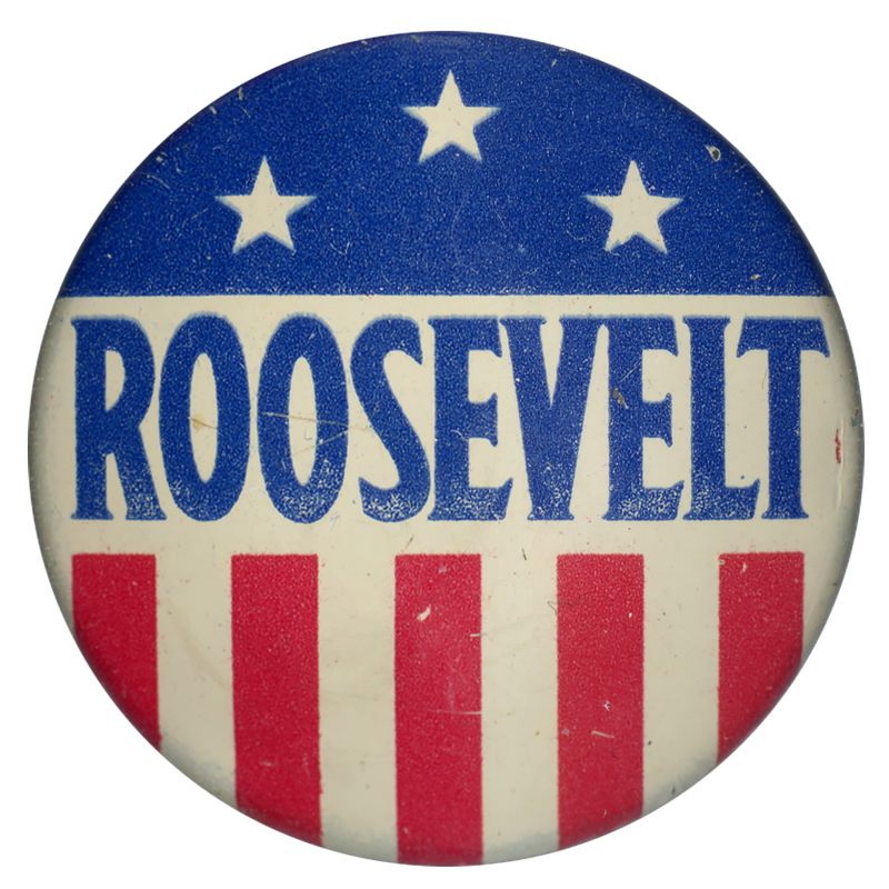 Round button with US flag design. Blue text reads "Roosevelt". 