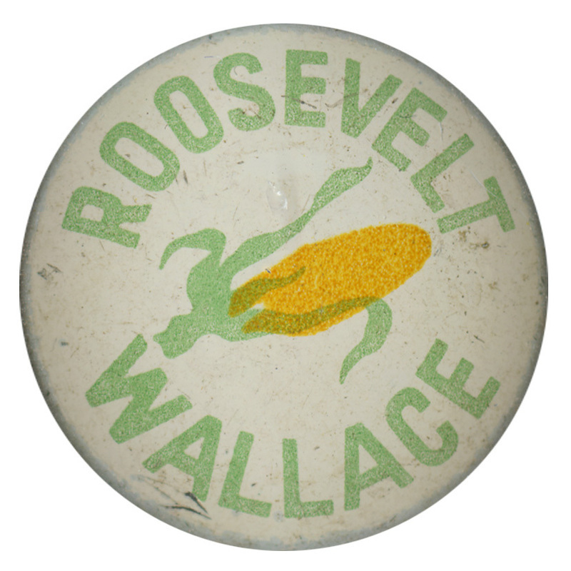Round, off-white button with light-green text reading "Roosevelt Wallace" with a graphic of an ear of corn. 