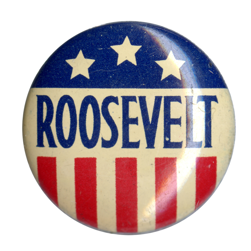 Round button with US flag design. Blue text reads "Roosevelt". 