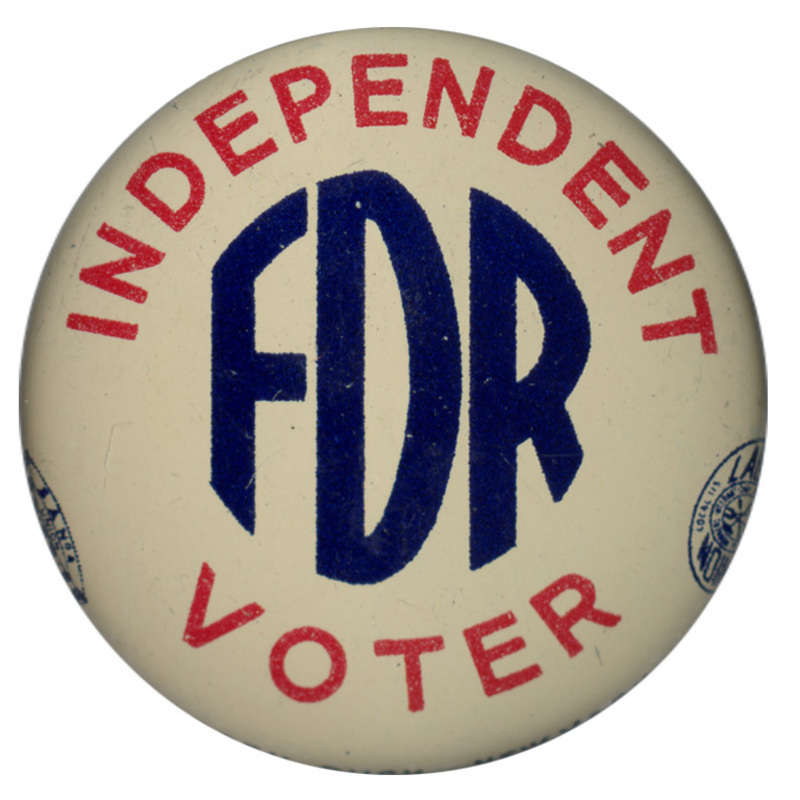 Round, off-white button with red text reading "Independent voter" and blue text reading "FDR" at the center. 