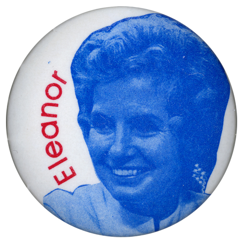 Round, white button with a blue portrait of Eleanor McGovern, with red text reading "Eleanor".