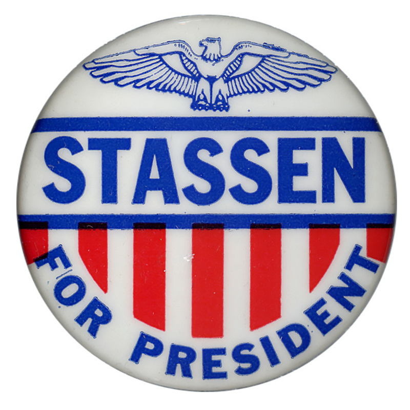 Round, white button with "Stassen for President" in blue and red. An eagle emblem is above the text, and red vertical stripes below the text.