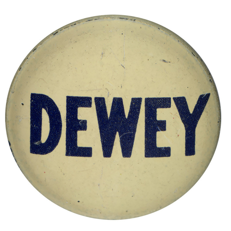 Round, white button with bold blue text reading "Dewey". 