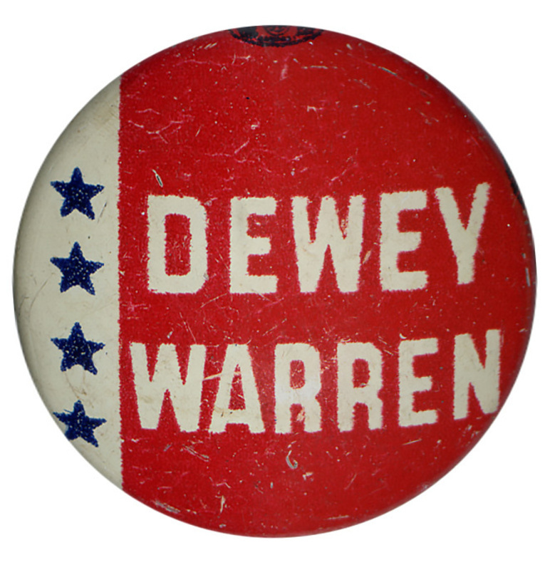 Round button with US flag design. White text reads "Dewey Warren". 