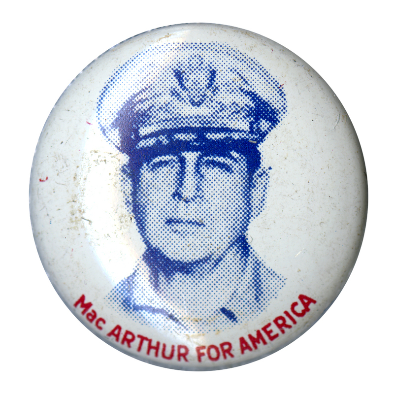 Round, white button with a grayscale portrait of Douglas MacArthur. Red text below the portrait reads "MacArthur for America". 