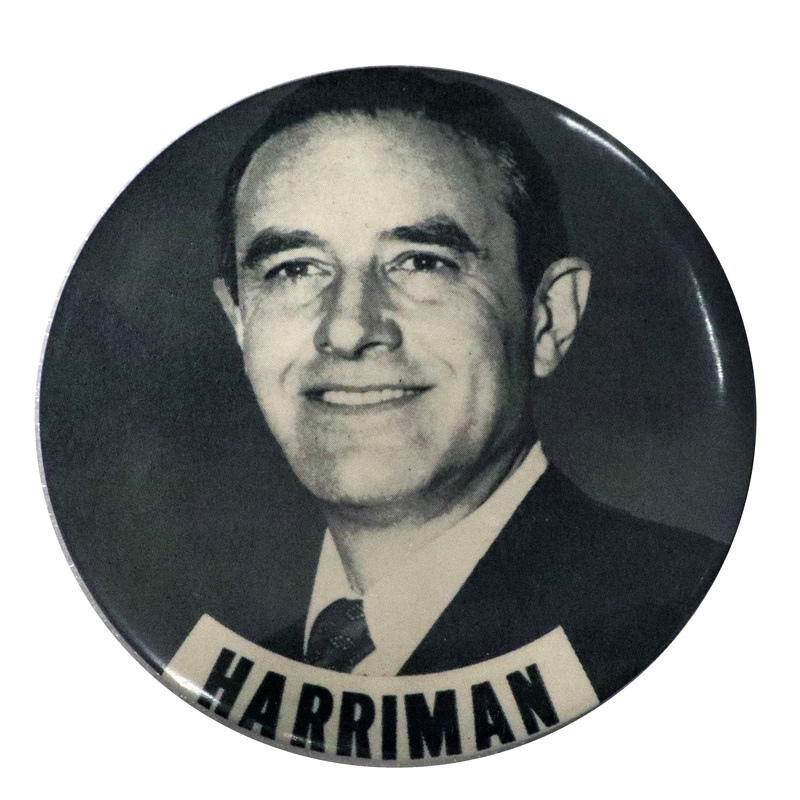 Round button with a grayscale portrait of W. Averell Harriman. Text below the portrait reads "Harriman". 